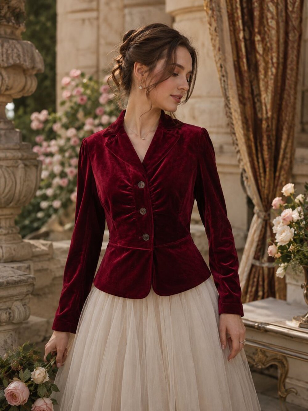 August Silk Berry Red Velour Velvet Ruched Button Front Jacket